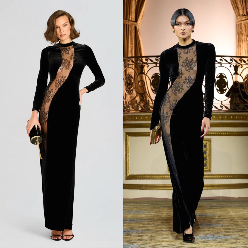 Retrofete Donatella Velour Velvet Lace Maxi Long Sleeve Black Dress